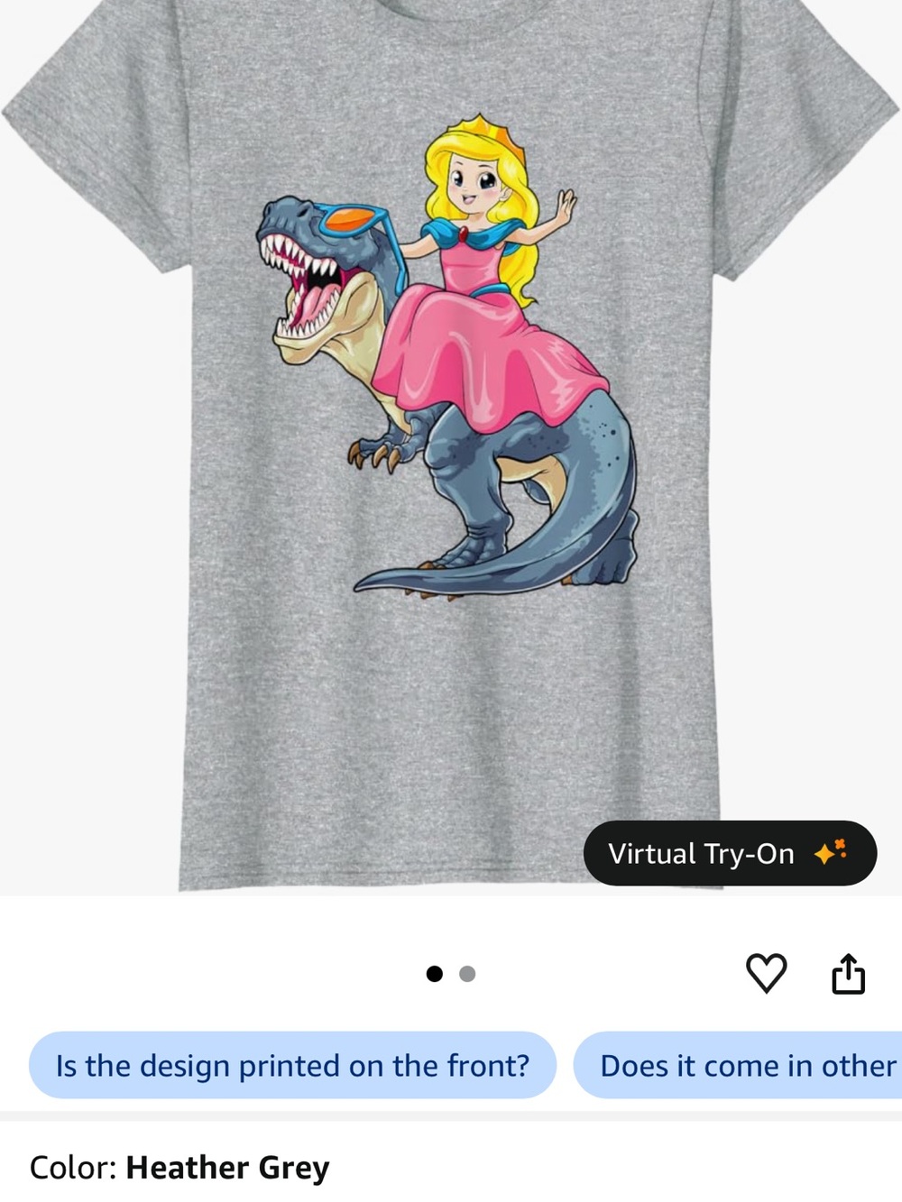 Women’s Light Gray Graphic Tee with Pink Princess and Blue Dinosaur